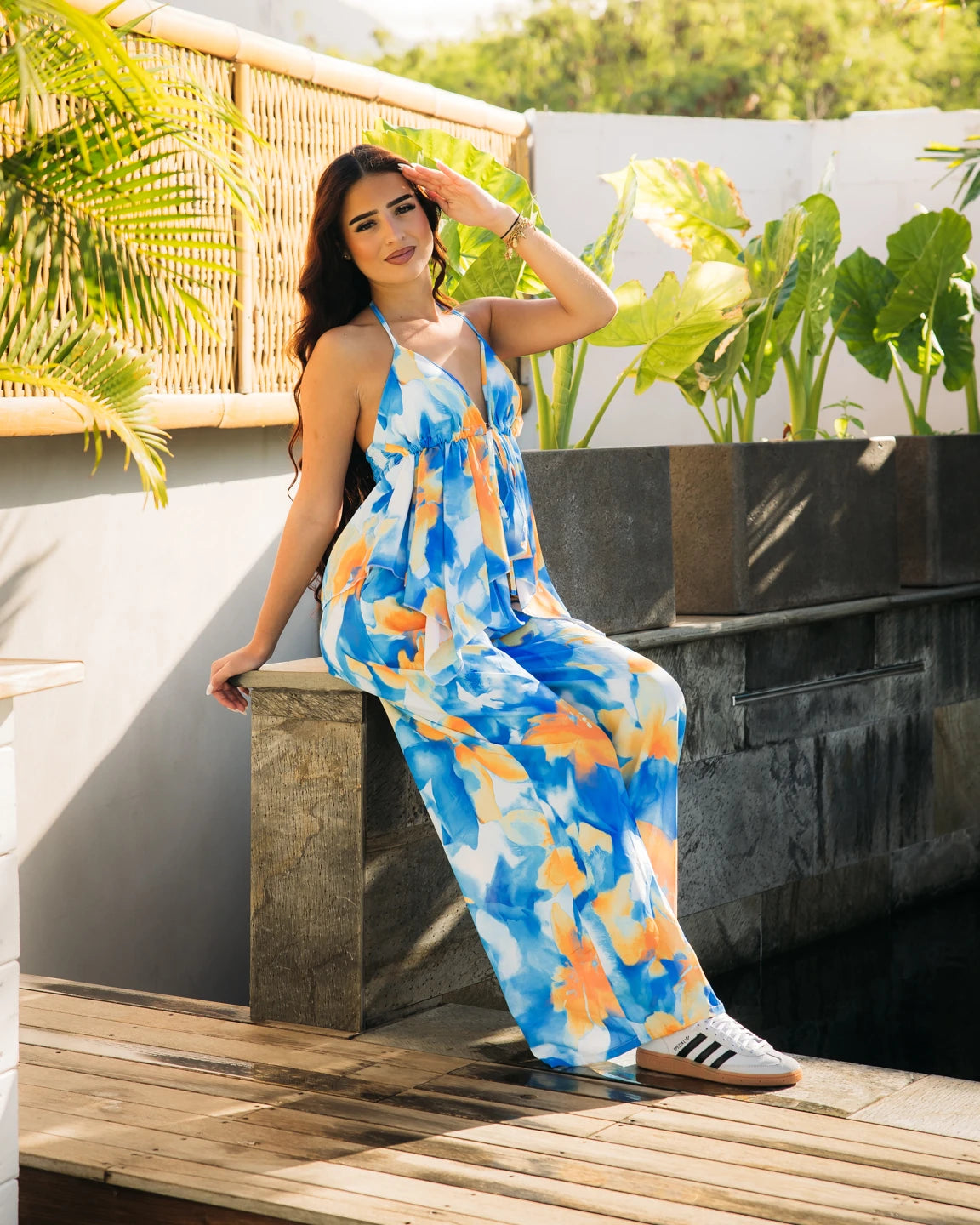 Combinaison bleu floral dos nu femme CHIC & TOI La Réunion