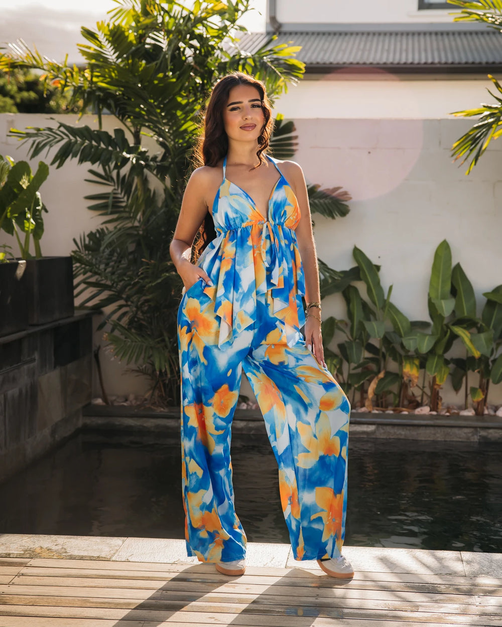 Combinaison bleu floral dos nu femme CHIC & TOI La Réunion