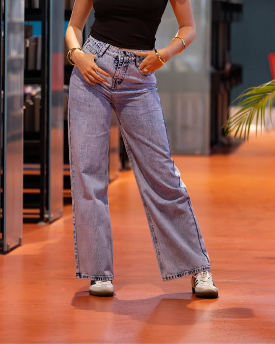 Jeans bleu denim wide leg taille haute femme CHIC &amp; TOI La Réunion